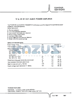 TDA1512AQ datasheet - 12 TO 20 W HI FI AUDIO POWER AMPLIFIER