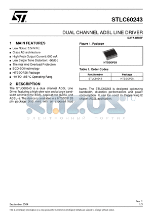 STLC60243 datasheet - DUAL CHANNEL ADSL LINE DRIVER