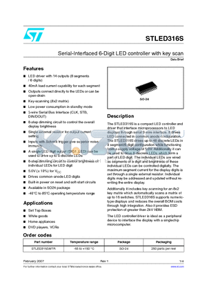 STLED316SMTR datasheet - Serial-Interfaced 6-Digit LED controller with key scan