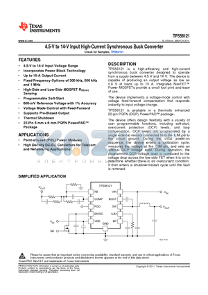 TPS56121DQPR datasheet - 4.5-V to 14-V Input High-Current Synchronous Buck Converter