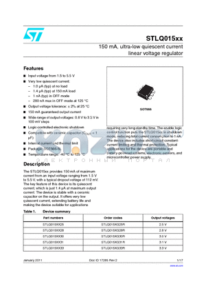 STLQ015XG30R datasheet - 150 mA, ultra-low quiescent current linear voltage regulator