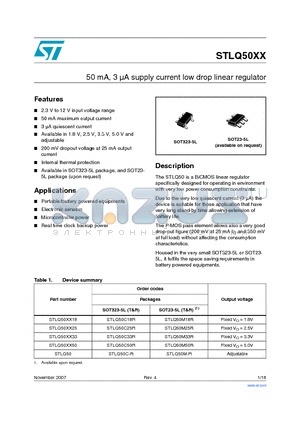 STLQ50C-R datasheet - 50 mA, 3 lA supply current low drop linear regulator