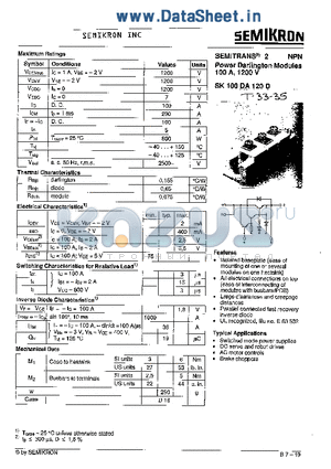 SK100DA120D datasheet - NPN POWER DARLUNGTON MODULES 100A 1200V