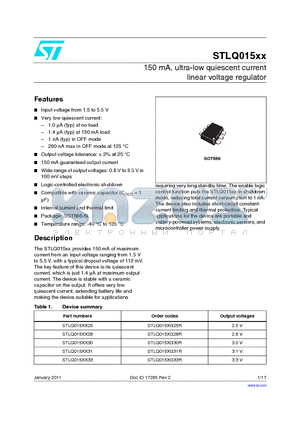 STLQ015XX33 datasheet - 150 mA, ultra-low quiescent current linear voltage regulator