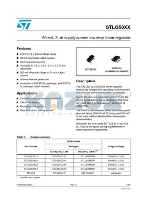 STLQ50 datasheet - 50 mA, 3 lA supply current low drop linear regulator