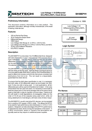 SK100EP111 datasheet - Low-Voltage 1:10 Differential ECL/PECL/HSTL Clock Driver