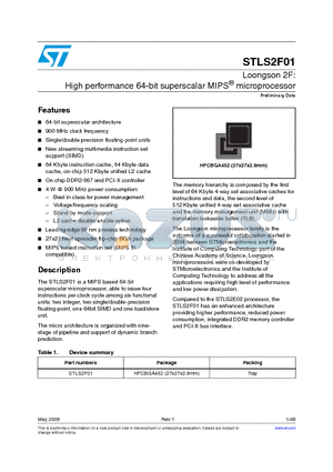 STLS2F01 datasheet - Loongson 2F: High performance 64-bit superscalar MIPS^ microprocessor