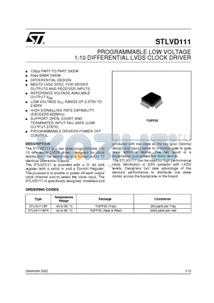 STLVD111BFR datasheet - PROGRAMMABLE LOW VOLTAGE 1:10 DIFFERENTIAL LVDS CLOCK DRIVER