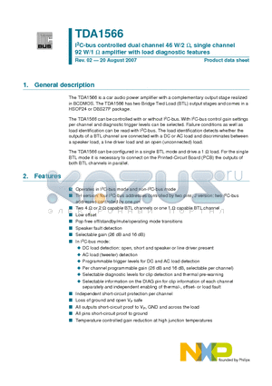 TDA1566 datasheet - I2C-bus controlled dual channel 46 W/2 OHM, single channel 92 W/1 OHM amplifier