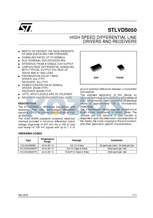 STLVDS050BD datasheet - HIGH SPEED DIFFERENTIAL LINE DRIVERS AND RECEIVERS