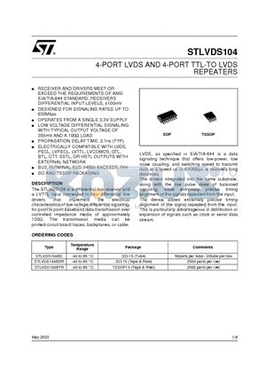 STLVDS104BDR datasheet - 4-PORT LVDS AND 4-PORT TTL-TO LVDS REPEATERS