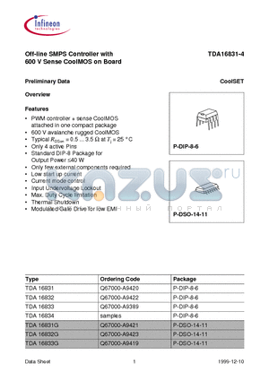 TDA16831G datasheet - Off-line SMPS Controller with 600 V Sense CoolMOS on Board