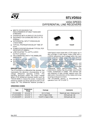 STLVDS32BTR datasheet - HIGH SPEED DIFFERENTIAL LINE RECEIVERS