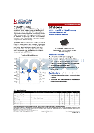 STM-2016 datasheet - 1800 - 2200 MHz High Linearity Silicon Germanium Active Transmit Mixer