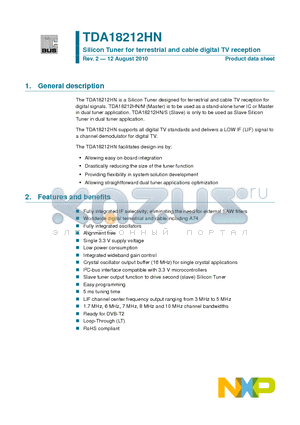 TDA18212HNM datasheet - Silicon Tuner for terrestrial and cable digital TV reception