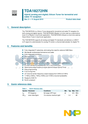 TDA18272HN datasheet - Hybrid (analog and digital) Silicon Tuner for terrestrial and cable TV reception