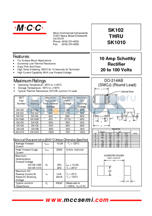 SK103 datasheet - 10 Amp Schottky Rectifier 20 to 100 Volts