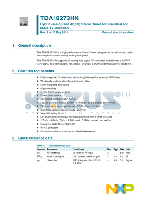 TDA18273HN_11 datasheet - Hybrid (analog and digital) Silicon Tuner for terrestrial and cable TV reception