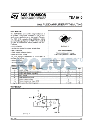 TDA1910 datasheet - 10W AUDIO AMPLIFIER WITH MUTING