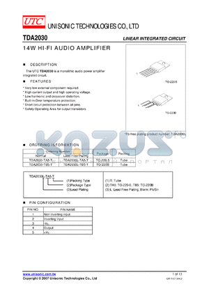 TDA2030L-TA5-T datasheet - 14W HI-FI AUDIO AMPLIFIER