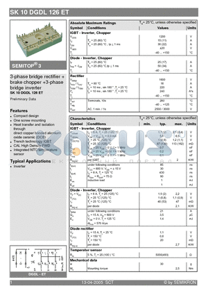 SK10DGDL26ET datasheet - 3-phase bridge rectifier  brake chopper 3-phase bridge inverter
