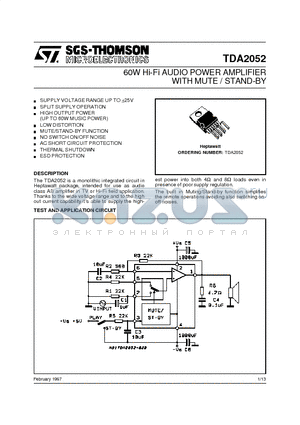 TDA2052 datasheet - 60W Hi-Fi AUDIO POWER AMPLIFIER WITH MUTE / STAND-BY