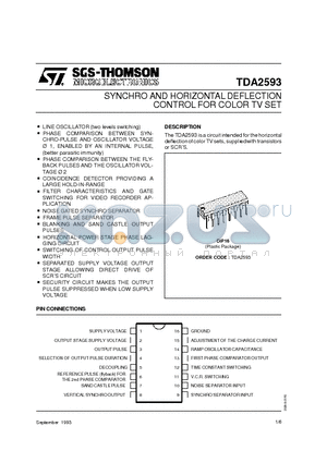 TDA2593 datasheet - SYNCHRO AND HORIZONTAL DEFLECTION CONTROL FOR COLOR TV SET