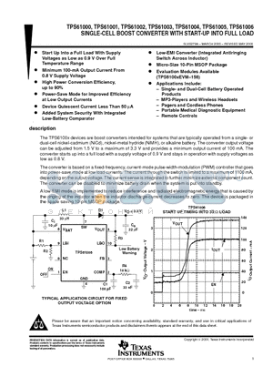 TPS61000 datasheet - SINGLE-CELL BOOST CONVERTER WITH START-UP INTO FULL LOAD