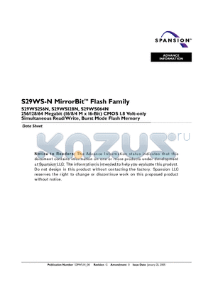 S29WS064N0LBAW113 datasheet - 256/128/64 MEGABIT CMOS 1.8 VOLT ONLY SIMULTANEOUS READ/WRITE BURST MODE FLASH MEMORY