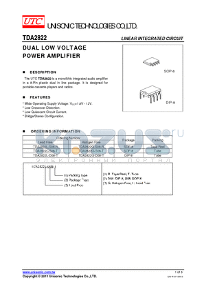 TDA2822G-D08-T datasheet - DUAL LOW VOLTAGE POWER AMPLIFIER