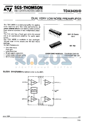 TDA3420D datasheet - DUAL VERY LOW NOISE PREAMPLIFIER