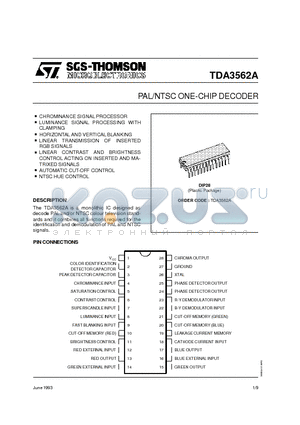 TDA3562 datasheet - PAL/NTSC ONE-CHIP DECODER