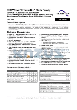 S29WS064N0PBAW013 datasheet - 256/128/64 Megabit (16/8/4 M x 16-Bit) CMOS 1.8 Volt-only Simultaneous Read/Write, Burst Mode Flash Memory