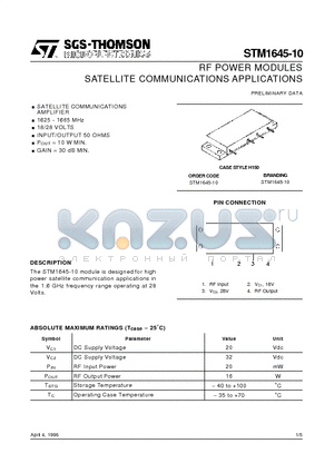 STM1645-10 datasheet - RF POWER MODULES SATELLITE COMMUNICATIONS APPLICATIONS