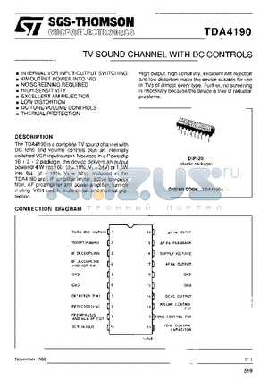 TDA4190 datasheet - TV SOUND CHANNEL WITH DC CONTROLS
