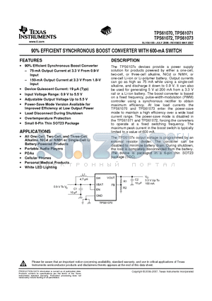 TPS61070 datasheet - 90% EFFICIENT SYNCHRONOUS BOOST CONVERTER WITH 600-mA SWITCH