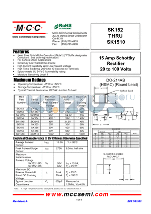 SK1510 datasheet - 15 Amp Schottky Rectifier 20 to 100 Volts