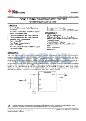 TPS61097-27DBVT datasheet - LOW INPUT VOLTAGE SYNCHRONOUS BOOST CONVERTER WITH LOW QUIESCENT CURRENT