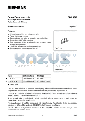 TDA4817 datasheet - Power Factor Controller IC for High Power Factor and Active Harmonic Filtering