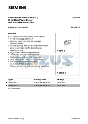 TDA4862 datasheet - Power-Factor Controller PFC IC for High Power Factor and Active Harmonic Filter