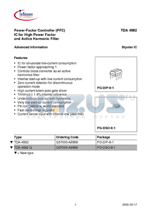 TDA4862G datasheet - Power-Factor Controller (PFC) IC for High Power Factor and Active Harmonic Filter