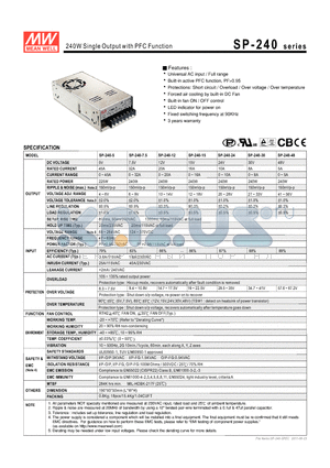 SP-240_1109 datasheet - 240W Single Output with PFC Function