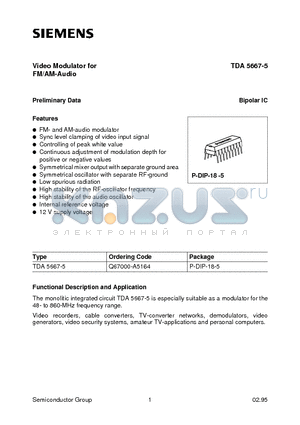 TDA5667-5 datasheet - Video Modulator for FM/AM-Audio