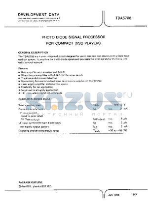TDA5708 datasheet - PHOTO DIODE SIGNAL PROCESSOR FOR COMPACT DISC PLAYERS