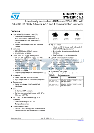 STM32F101R6U6TR datasheet - Low-density access line, ARM-based 32-bit MCU with 16 or 32 KB Flash, 5 timers, ADC and 4 communication interfaces