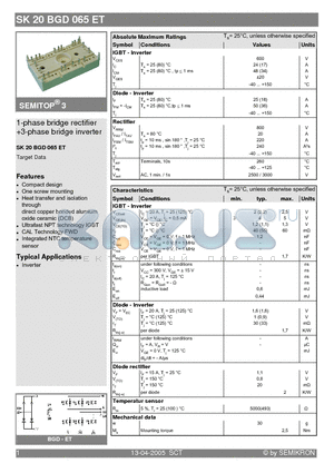 SK20BGD065ET datasheet - 1-phase bridge rectifier 3-phase bridge inverter