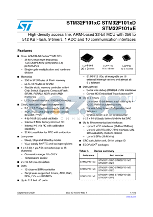 STM32F101RE datasheet - High-density access line, ARM-based 32-bit MCU with 256 to 512 KB Flash, 9 timers, 1 ADC and 10 communication interfaces