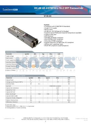 SP-48-LR2-RDA datasheet - OC-48 LR-1/STM16 L-16.2 SFP Transceiver