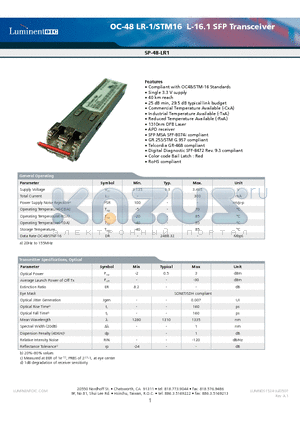 SP-48-LR1-RDA datasheet - OC-48 LR-1/STM16 L-16.1 SFP Transceiver