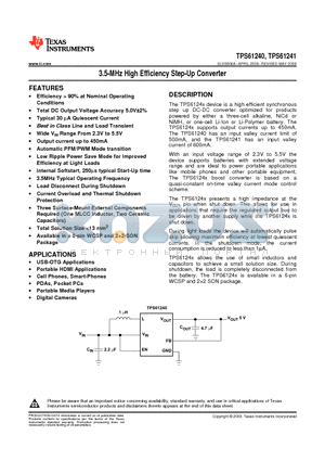 TPS61240YFFT datasheet - 3.5-MHz High Efficiency Step-Up Converter
